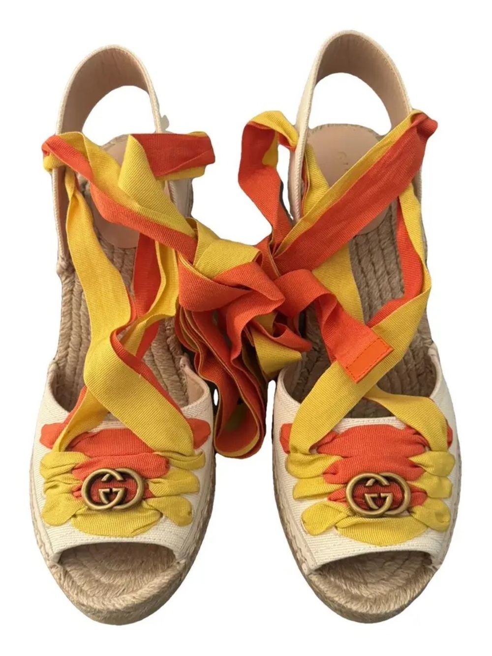 Gucci Yellow and Orange Ribbon Espadrille Wedges with GG Hardware - Picture 2 of 14